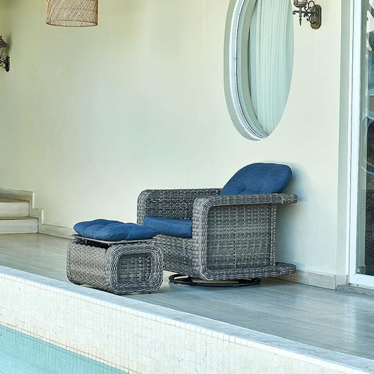 Patio Glider Swivel Rocker Sets: 2piece Patio Furniture Sets, 360° Swivel Rocking Chairs with Ottoman, Rust-Resistant Cushion -Perfect for Backyard/Deck/Porch/Balcony Decors- Gray Wicker,Blue Cushion