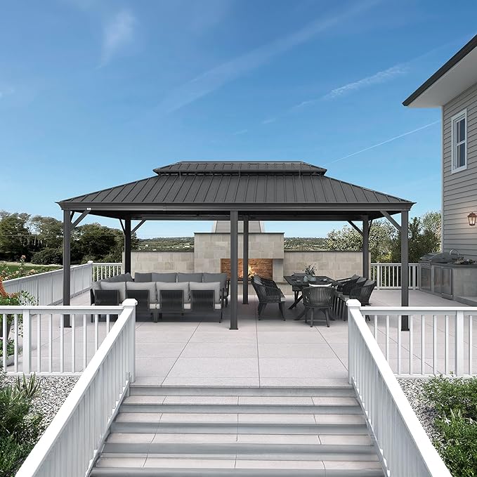 PURPLE LEAF 12' X 20' Gazebo with Galvanized Steel Hardtop Roof Patio Gazebo for Outdoor Lawn and Garden Permanent Pavilion Grey（Only Frame）