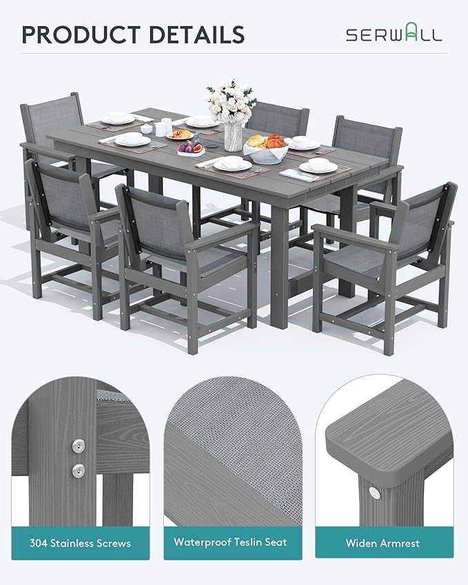 SERWALL Textilene Outdoor Dining Chair Set of 2, HDPE Frame with Textile Chair Seat, Holds up to 300 LBS, All Weather Resistant Chairs for Lawn, Garden, Yard and Poolside, Gray, Grey