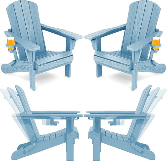 SERWALL Folding Adirondack Chair Set of 4, Adjustable Adirondack Chair with 3 Recline Positions, All Weather HDPE Outdoor Adirondack with Cup Holders, Light Blue
