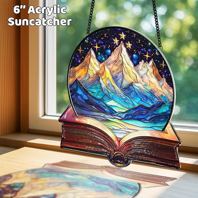 2 Book Floral Shelf Suncatchers Window Hanging Acrylic Ornaments Back to School Teacher Appreciation Gifts, Book Lover Gifts for Women Librarians Readers Bookshelf Decor for Home Library SS345