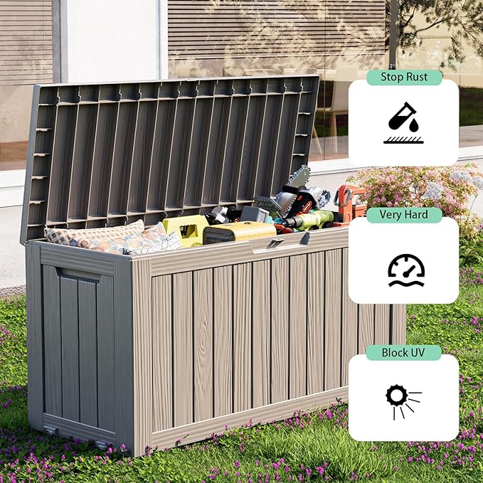 EasyUp 90 Gallon Outdoor Deck Box Waterproof, UV Resistant Resin Outdoor Storage Box for Delivery, Porch, Patio and Garden, Gray