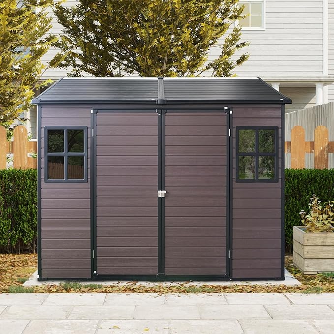 8x6 Ft Resin Outdoor Storage Shed with Floor, 2 Windows & Lockable Door – Weather -, Durable Shed for Backyard, Patio & Tools (Brown) (1 Doors)