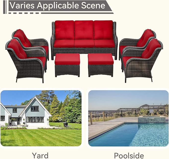 7 Pieces Outdoor Patio Conversation Set, Wicker Furniture Set Includes 3-Seat Sofa, Patio Rattan Dining Chair Set of 4, 2 Ottomans, for Porch, Yard, Mixed Brown Rattan, Red