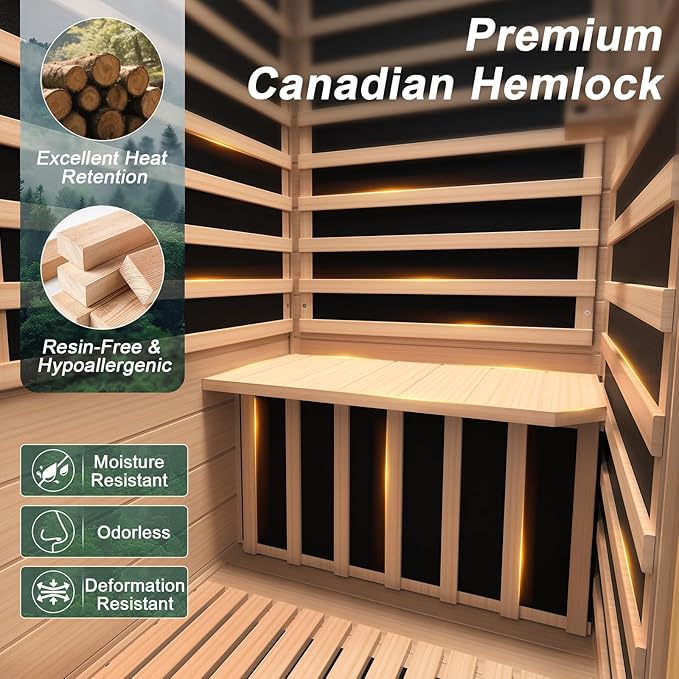 Upgraded Backrest 1 Person Sauna Infrared Sauna with Red Light Therapy, Dry Sauna Indoor Wood Sauna for Home, Hemlock Low EMF Far Infrared Sauna with Integrated Speakers, Reading Lamp