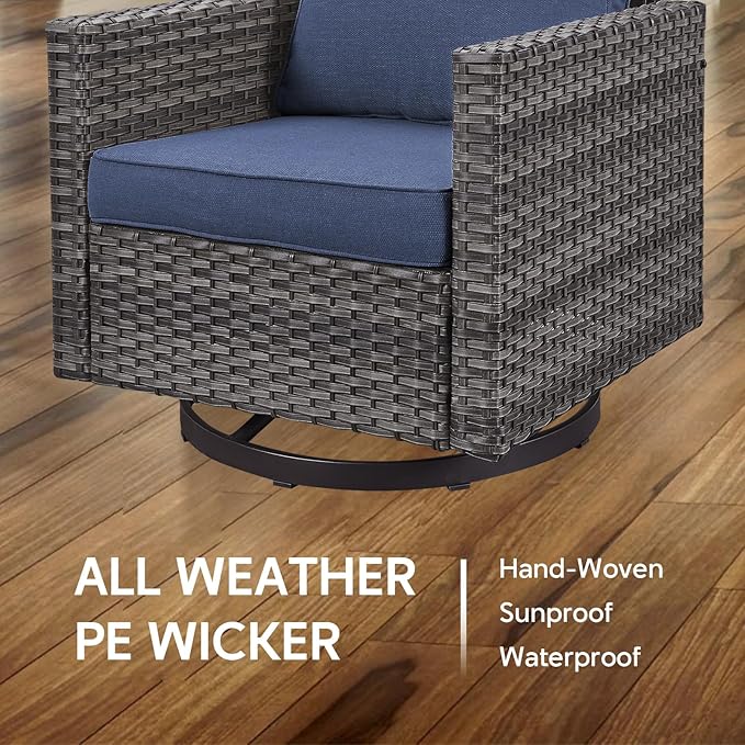 7 Piece Wicker Patio Furniture with Fire Pit Table - Outdoor Conversation Set with 50,000 BTU Fire Pit, All Weather Rattan Patio Set for Deck Backyard Garden - Grey Wicker Blue Cushion