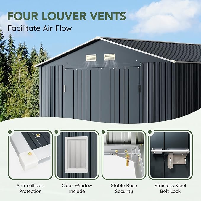 10x10 FT Outdoor Metal Storage Shed with Floor Frame, Double Swing Doors, 2 Clear Windows,Tool Shed for Garden, Patio, Backyard Nightblue