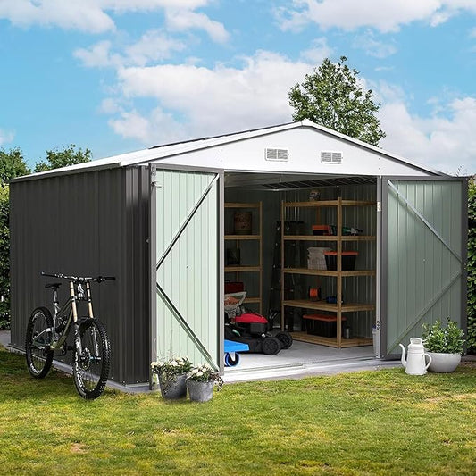 Furniwell Outdoor Storage Shed, Metal Garden Sheds Outdoor Storage House with Single Lockable Door for Backyard Patio Lawn (Gray, 10 x 10 FT)