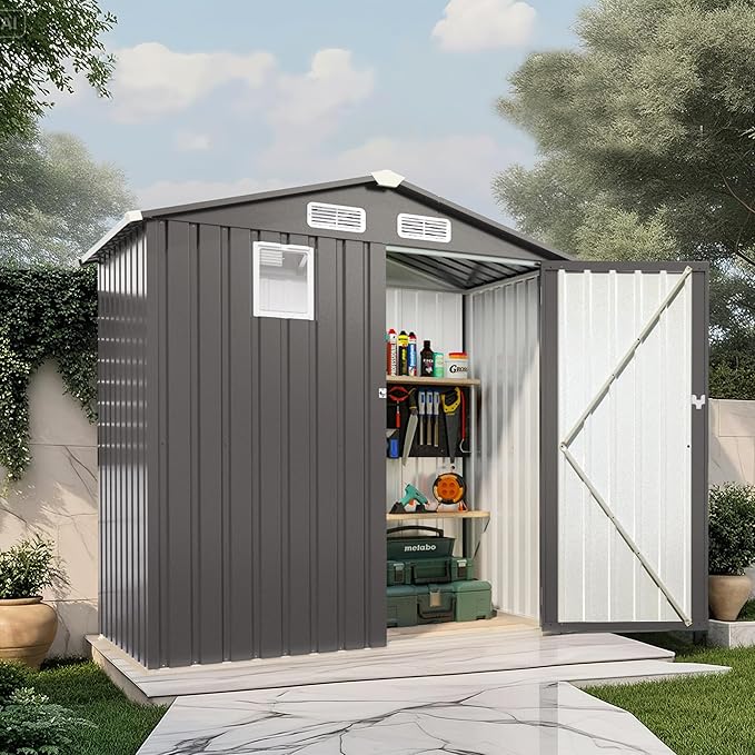 6X3.5 FT Metal Outdoor Storage Shed, Tool Shed with Peaked Roof Watertight w/Window and Lockable Door Compact Metal Tool Room for Garden, Backyard, Patio, Sundries and Bike Storage, Gray
