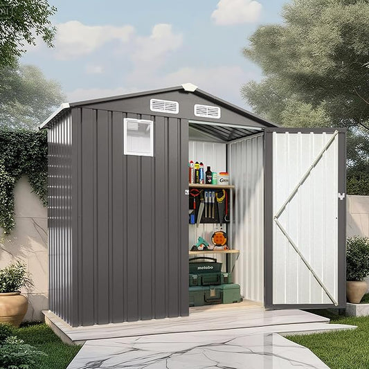 6X3.5 FT Metal Outdoor Storage Shed, Tool Shed with Peaked Roof Watertight w/Window and Lockable Door Compact Metal Tool Room for Garden, Backyard, Patio, Sundries and Bike Storage, Gray