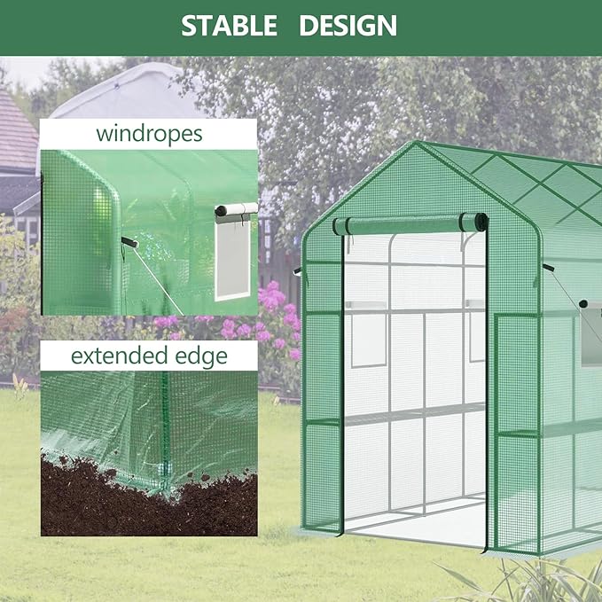 Greenhouse, 57 x 85 x 77'' Greenhouses for Outdoors, with Mesh Side Windows, PE Cover, 8 Shelves, Heavy Duty Walk in Green House for Backyard Garden Indoor, White& Green Outside