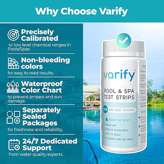 Varify 7 in 1 Pool and Spa Test Strips- Easy to Use Water Testing Kit for Pool, Spa, Hot Tub & More - Tester Strip for Water Hardness, Chlorine, Bromine, pH, Alkalinity and Cyanuric Acid (100 Strips)