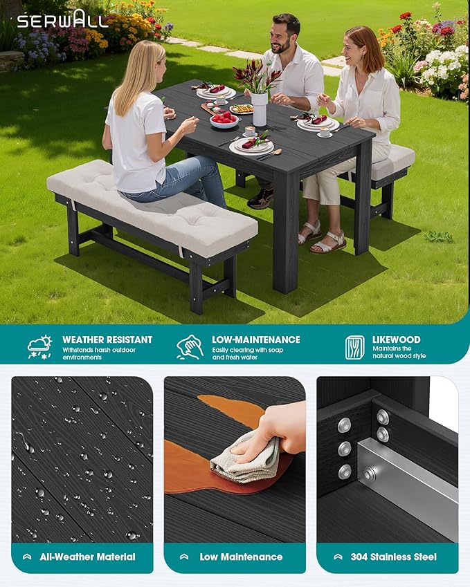 SERWALL Patio Dining Set for 4, Outdoor Dining Sets for 4 Person with 1 Umbrella Hole Cut-Out Rectangular Table and 2 Benches, HDPE Dining Sets for Garden, Backyard, Poolside, Black