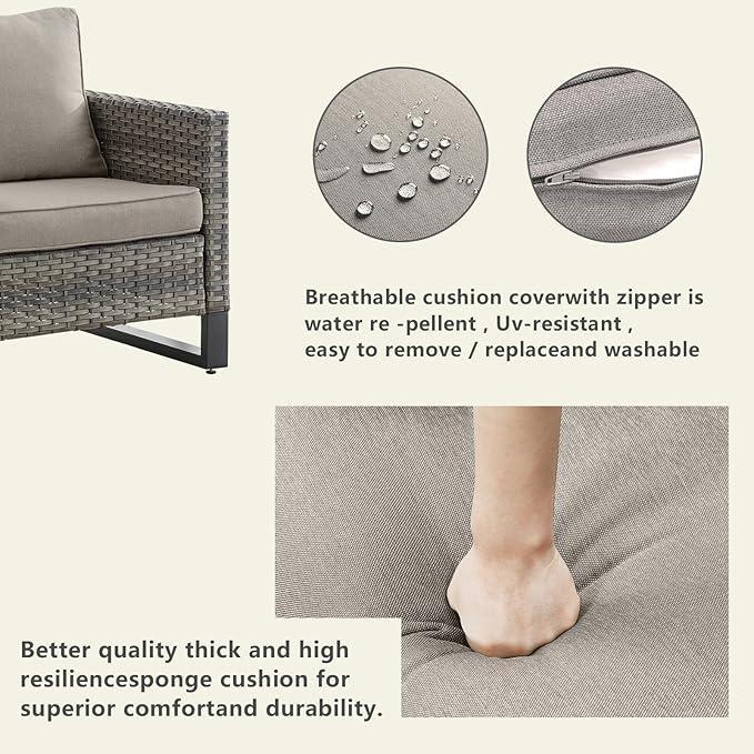 Wicker Outdoor Patio Furniture Set - 5 Piece Patio Conversation Set with 2 Wicker Armrest Chairs,2 Rattan Ottoman and 1 Metal Side Table for Outside Porch Deck Backyard Garden(Mixed Grey/Grey)
