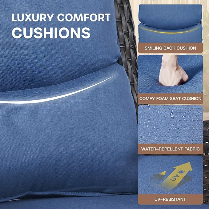 Patio Swivel Chair Set of 2, Resin Wicker Swivel Patio Glider Chairs with Smile-Shaped Cushions, High Back Luxury Swivel Patio Glider Chairs for Outdoor, Brown Wicker|Blue Cushions