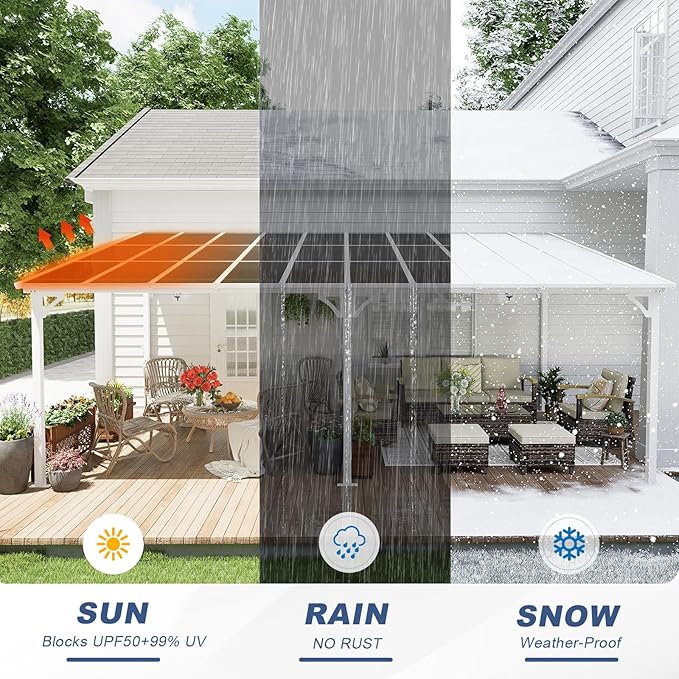 MEISSALIVVE 12' x 40' Gazebo, Wall Mounted Gazebo, Lean to Metal Awnings Gazebos with Sloped Roof, Outdoor Patio Awning for Backyard, Deck, White