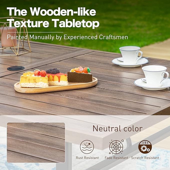 7 Piece Patio Dining Set for 6, 64”Rectangular Wood-Like Dining Table with Umbrella Hole, 6 Metal Red Chairs, Outdoor Table and Chairs Set for Lawn Backyard and Deck
