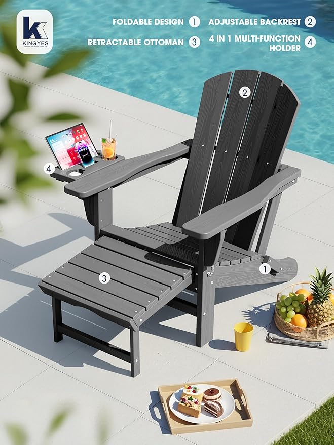 KINGYES Adjustable Folding Adirondack Chair with Footrest & 4-in-1 Multi-Functional Armrest Organizer Set of 4, HDPE Foldable Reclining Adirondack Chair with Pull-Out Ottoman, Grey