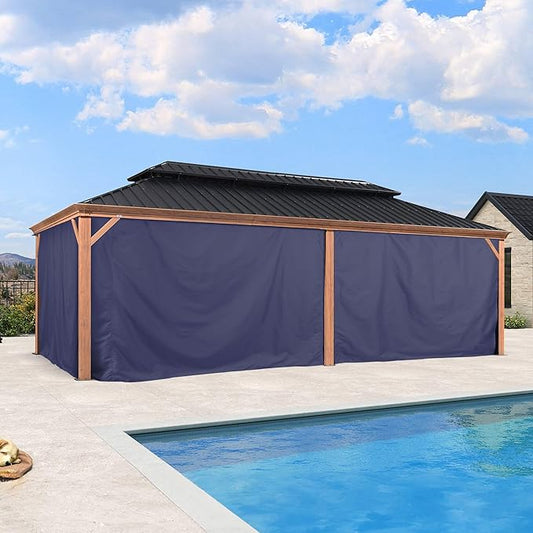 PURPLE LEAF 12' X 24' Outdoor Hardtop Gazebo for Patio Galvanized Steel Double Roof Permanent Canopy Teak Finish Coated Aluminum Frame Pavilion Gazebo with Nettings and Navy Blue Curtains