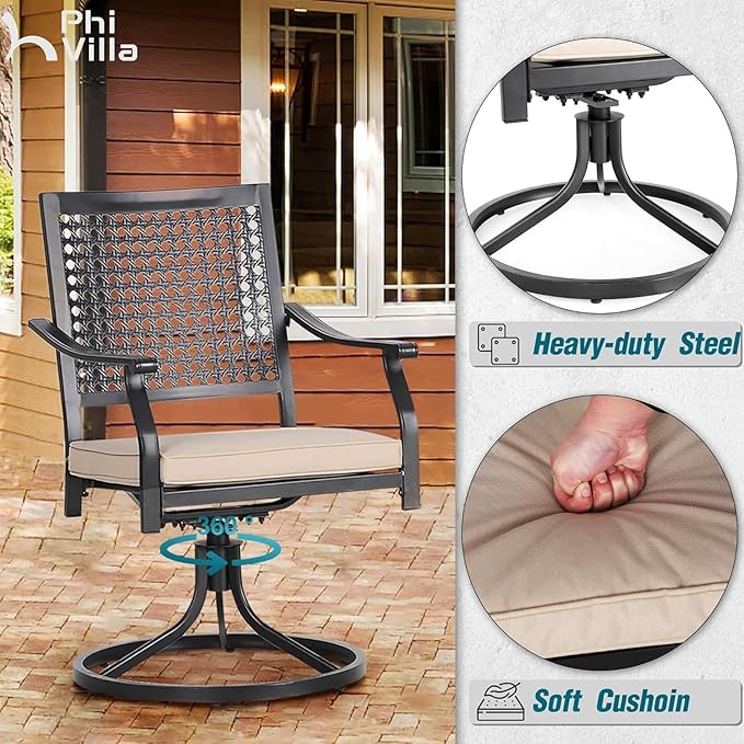 PHI VILLA 7 Pieces Outdoor Dining Set for 6, 60" Rectangle Metal Wrought Iron Table with Umbrella Hole & Swivel Steel Chairs with Cushions, Large Furniture Set for Patio, Deck, Porch, Yard