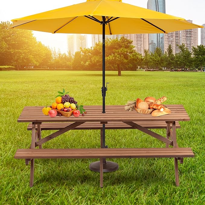 Picnic Table with Bench for 8 Person Outdoor Wooden Rectangle Table for Patio Garden Backyard Large Outside Dining Table Set with Umbrella Hole 6.26FT Brown