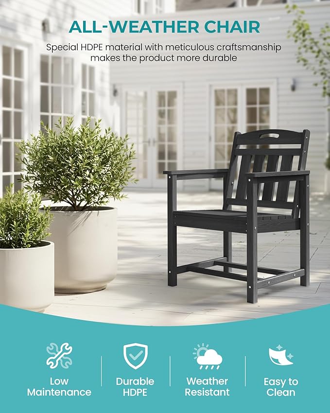 Set of 2 Weatherproof Patio Chairs - HDPE Outdoor Dining Chairs with Wide Seat, Ergonomic Design - for Garden, Backyard, Deck - Black