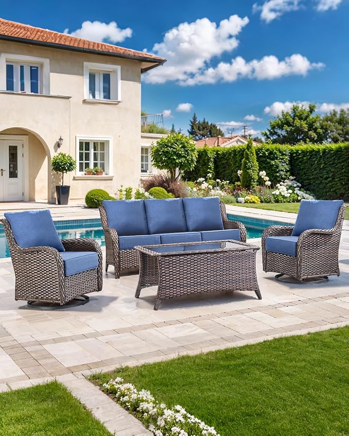 Luxury 22x24/22x25 6-Inch Outdoor Cushions for 5 Peice Patio Set - Set of 5 Outside Deep Seat Cushion for Porch Furniture Dining Swivel Chairs Loveseat Couch Sectional Sofa - Navy Blue