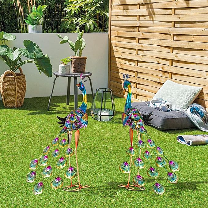XONOR Metal Peacock Garden Statues Peacock Yard Art Outdoor Sculptures for Home Patio Lawn Backyard Décor, Set of 2 (Peacock)