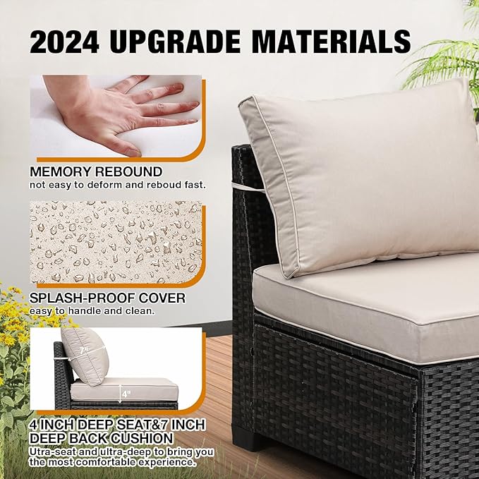 7 Pieces Patio Furniture Set All-Weather Outdoor Wicker Sectional Conversation Sofa Rattan Patio Seating Sofa with Cushion and Glass Table and Ottoman for Porch Poolside,Beige