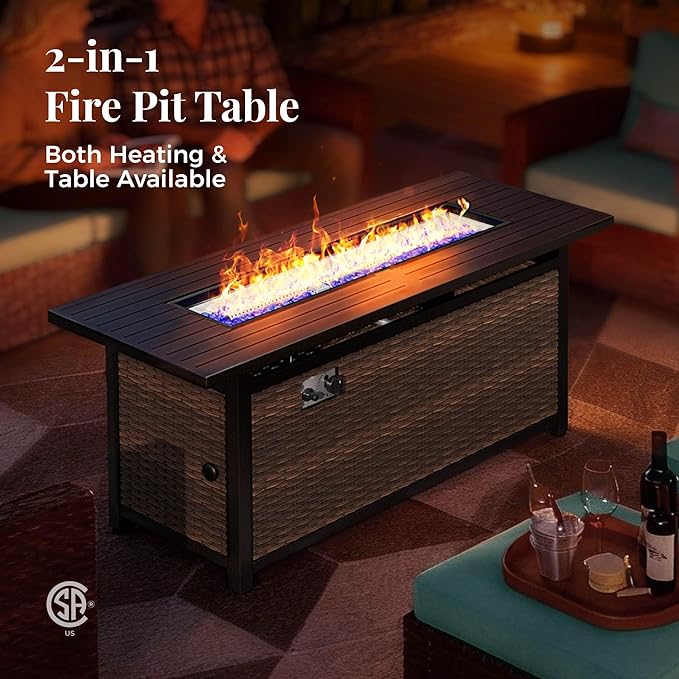 Patio Furniture Set, 6 Pcs Wicker Rattan Outdoor Conversation Set, 2 x Leg Chairs, 1 x 3 Seater Sofa and 2 x Ottoman with 4" Thick Cushion and 56" Fire Pit Table, Blue
