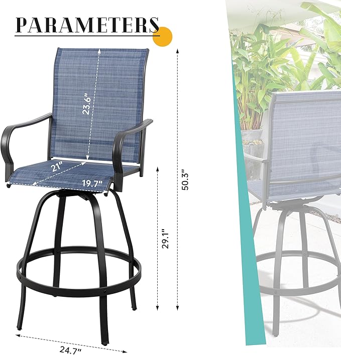Vongrasig 2 Piece Patio Swivel Bar Chairs, All Weather Metal Textile High Swivel Bar Stools Chairs, Outdoor High Top Bistro Set for Backyard, Lawn Garden, Balcony, Denim Blue