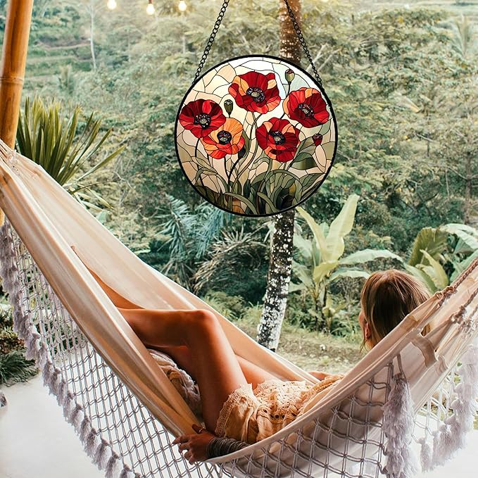 Stained Glass Window Hanging - Red Wildflowers Suncatcher for Door Garden Yard Flowers Sun Catchers Decor Christmas Mother's Day Birthday Gifts for Women Mom Nana Friend Men 9.8 in