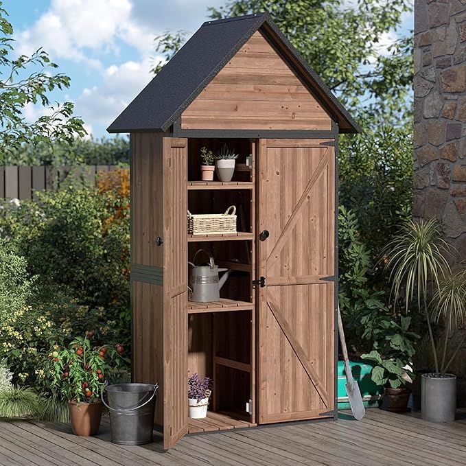 Outdoor Storage Shed with Strongest Metal Frame, Storage Cabinet with Floor, Weatherproof Tool Shed with Adjustable Shelfs, Lockable Metal Garden Shed Steel for Backyard Patio (Brown)