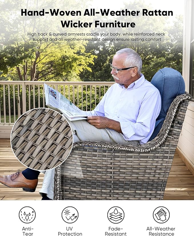 HUMMUH Outdoor Patio Wicker Swivel Rocker Chairs Set of 2 with 6-Inch Thick Cushion High Back Wicker Conversation Set for Porch Balcony Deck