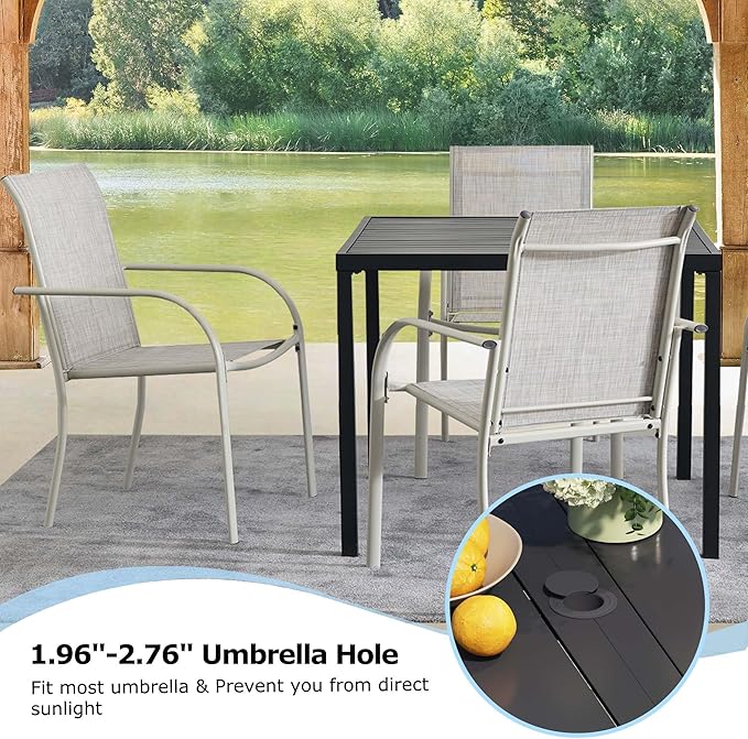 5 Pieces Round Dining Table Set for 4, Patio Dining Set Includes 4 Grey Stackable Patio Chairs and 1 Black Square Table, Patio Furniture Setss with Sling Support for Outside, Garden