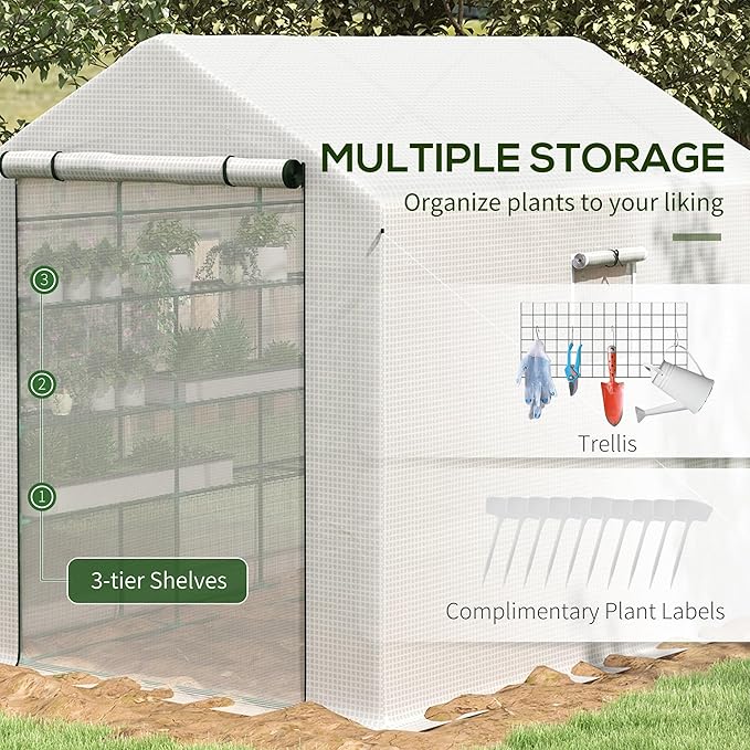 Outsunny 8' x 6' x 7' Walk-in Greenhouse, PE Cover, 4-Tier Shelves, Steel Frame Hot House, Roll-Up Zipper Door for Flowers, Vegetables, Saplings, Tropical Plants, White