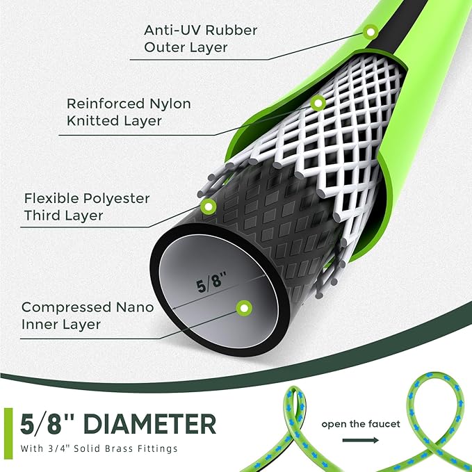 Hybrid Hose 75ft x 5/8", Short Garden Water Hose Heavy Duty, Flexible, Lightweight Hybrid Water Hose with Swivel Handle,3/4'' Brass Fittings, Available For Reel Cart Backyard Burst 500 PSI