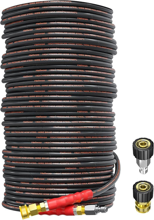 200FT Pressure Washer Hose 4200PSI, Power Washer Hose Steel Wire Braided with Swivel Quick Connect, Commercial Grade Industrial High Pressure Water Washing Hose (4200PSI, 200FT)