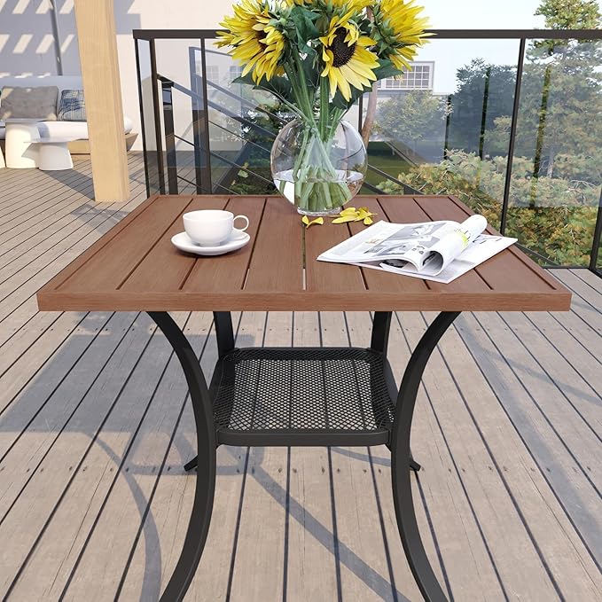 VICLLAX 3 Pieces Patio Dining Set Includes 28" Square Small Outdoor Table and 2 Patio Swivel Chairs for Lawn Garden, Walnut Tabletop and Mixed Brown Fabric