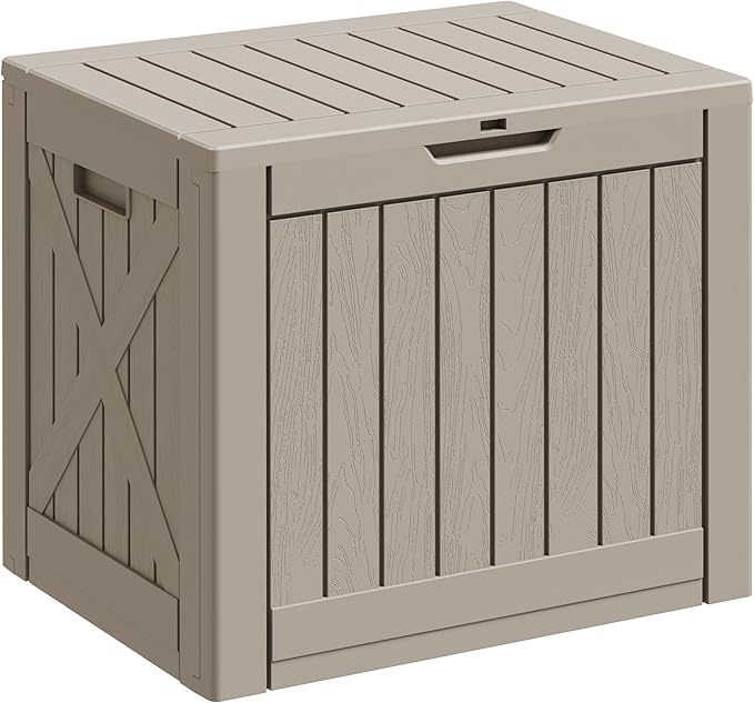 Greesum 40 Gallon Outdoor Deck Box, Resin Storage for Patio Furniture, Garden Tools, Pool Supplies, Weatherproof and UV Resistant, Lockable, Light Coffee