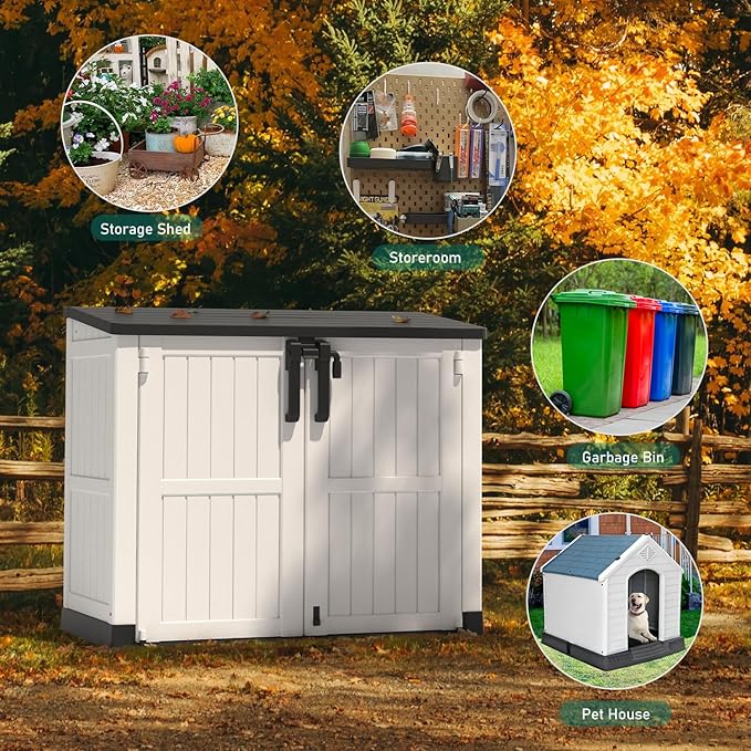 KAMABOKO Outdoor Storage Cabinet 36 Cu.Ft Outdoor Trash Can Storage Shed Waterproof Horizontal Storage Shed Outdoor Storage for Backyard, Patio, Poolside (White)