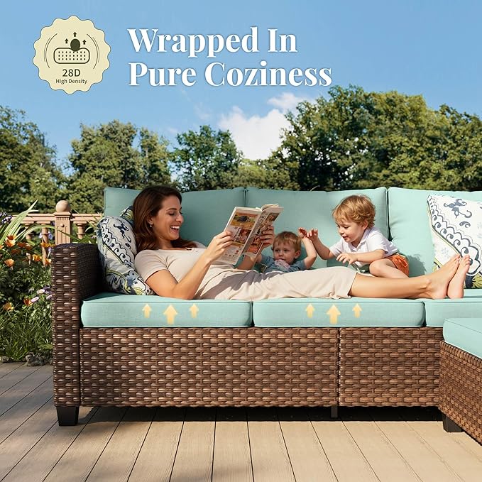 Patio Furniture Set, 5 Pcs Wicker Rattan Outdoor Conversation Set, 2 x Leg Chairs, 1 x 3 Seater Sofa and 2 x Ottoman with 4" Thick Cushion for Garden Backyard Deck, Blue
