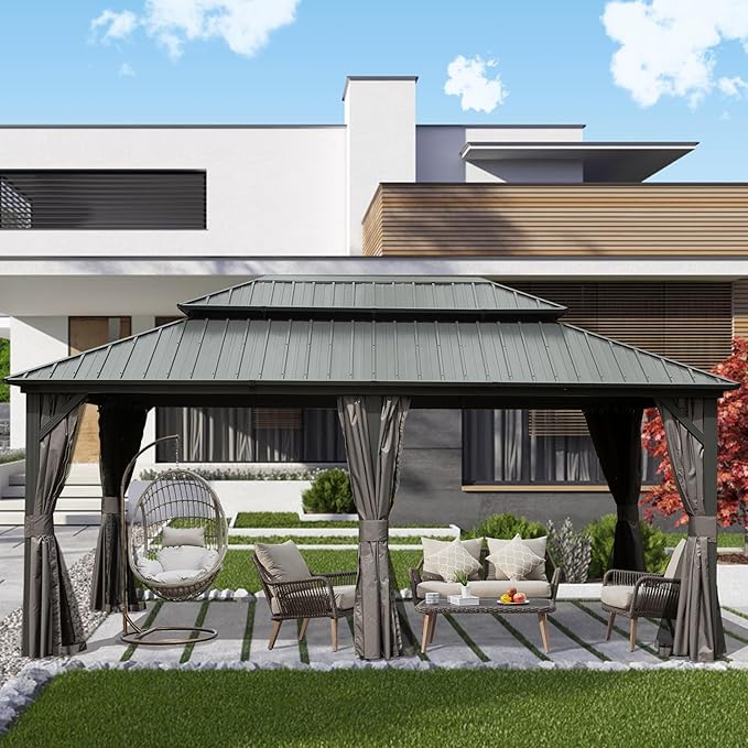 Domi 12' x 18' Hardtop Gazebo Metal Gazebo with Galvanized Steel Double Roof Canopy, Curtains and Netting for Party, Wedding, Outdoor Dining, Patio, Backyard, Grey
