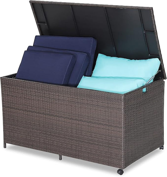HAPPYGRILL 133 Gallon Outdoor PE Wicker Storage Box Rattan Deck Container with Waterproof Liner and 2 Universal Wheels, Garden Furniture Container Box for Cushions Garden Tools