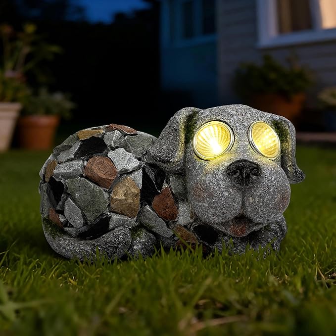 Outdoor Garden Decor Solar Dog Statue & Sculpture, Cute Dog Garden Statue, Solar Yard Decorations for Lawn Patio Front, Stone Resin Figurine ldeal Gift for Mom