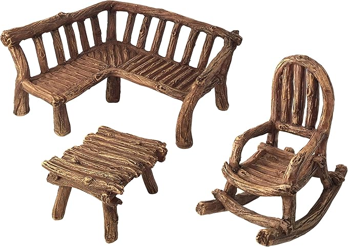 GlitZGlam Miniature Fairy Garden Furniture 3-Piece: Rustic Wood Bench, Rocking Chair and Miniature Table for The Garden Fairies