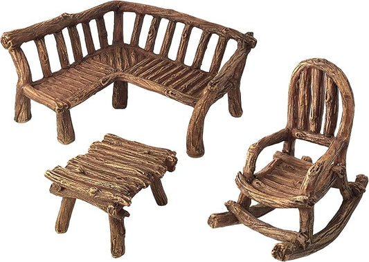 GlitZGlam Miniature Fairy Garden Furniture 3-Piece: Rustic Wood Bench, Rocking Chair and Miniature Table for The Garden Fairies