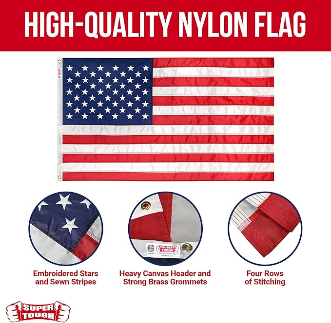 Super Tough 4Ft x 6Ft American Flag - Heavy Duty Nylon USA Flag with Embroidered Stars and Sewn Stripes Suitable for Outdoors - Red/White/Blue