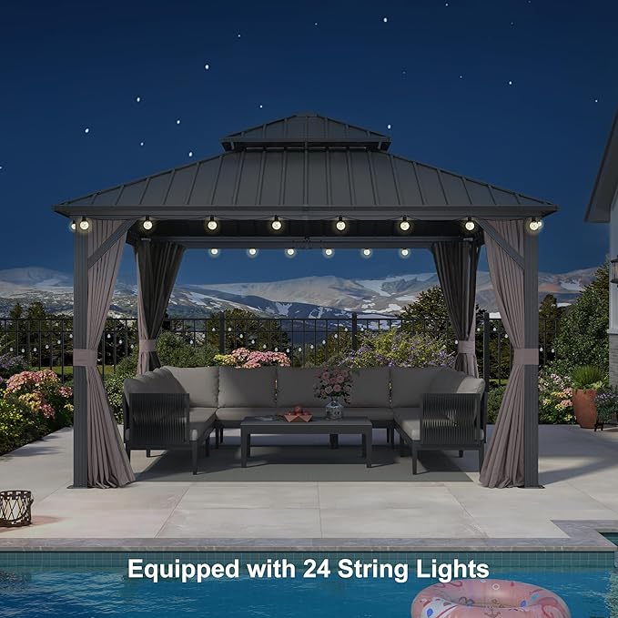 PURPLE LEAF 12'x12' Hardtop Gazebo with Lights Heavy-Duty Galvanized Steel Double Roof Outdoor Patio Gazebo Including Netting and Curtains for Garden Lawn Backyard Grey