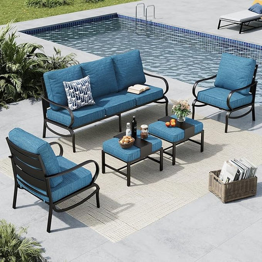 MFSTUDIO 5 Pieces Patio Conversation Sets, 7 Seats Metal Patio Furniture Sets with 1 x 3-Seat Sofa, 2 x Sofa Chairs, 2 x Ottoman, All Weather Patio Sets with 5.75inch Peacock Blue Cushion for Garden